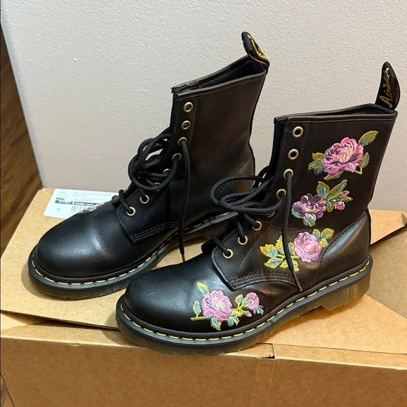 Dr. Martens Black Boots with Pink Floral Embroidery - Picture 4 of 8